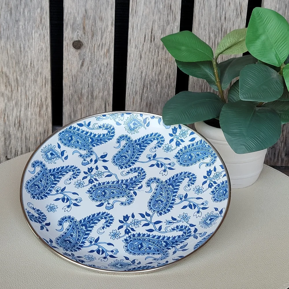 Pottery Barn Elegant Blue Paisley Enamel Ware Silver Rim 8